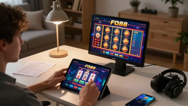 Player engaging with the FO88 casino app on a tablet in a cozy home setting, showcasing responsible gambling lifestyle.