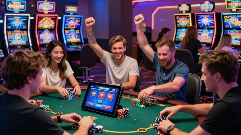 Sun win gaming excitement with diverse players in a vibrant digital casino environment.