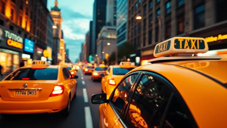 Taxis navigating through a vibrant cityscape at dusk, showcasing urban energy and movement.
