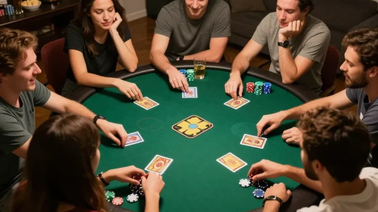 Friends enjoying an intense game of poker while betting on jun88, emphasizing strategy and camaraderie.