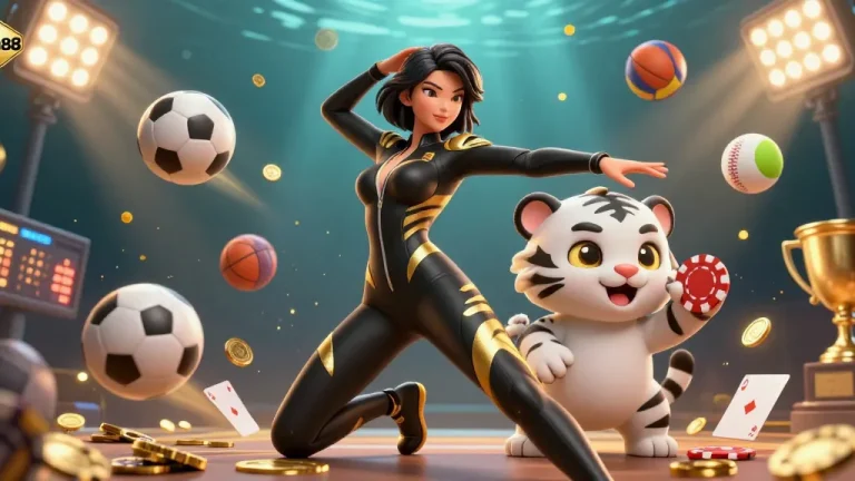 Engage with cm88 in this vibrant casino-themed 3D illustration featuring a dynamic woman and playful tiger.