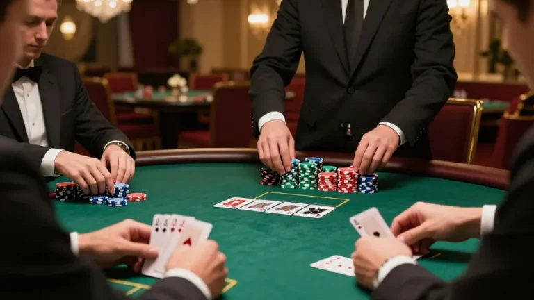 High-stakes poker gameplay at a luxury casino featuring windd branding, showcasing players focused on cards.