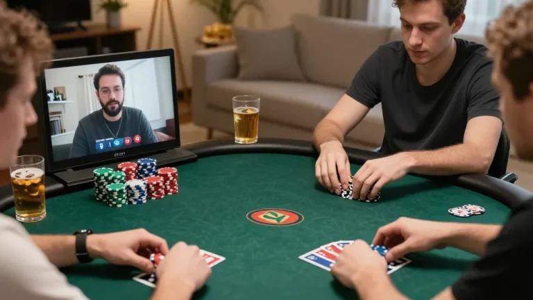 Engaging online poker players strategizing with sc88 tactics in a cozy home setup.