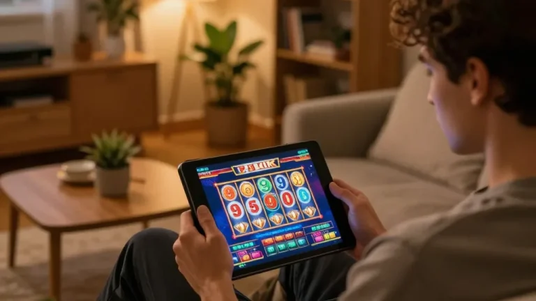 Engaging in 99 ok online casino gaming on tablet in a warm home setting.