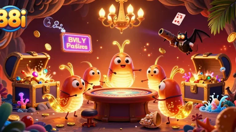 Experience the excitement of 88i in an underwater casino illuminated by bioluminescent glowworms and featuring vibrant gambling elements.