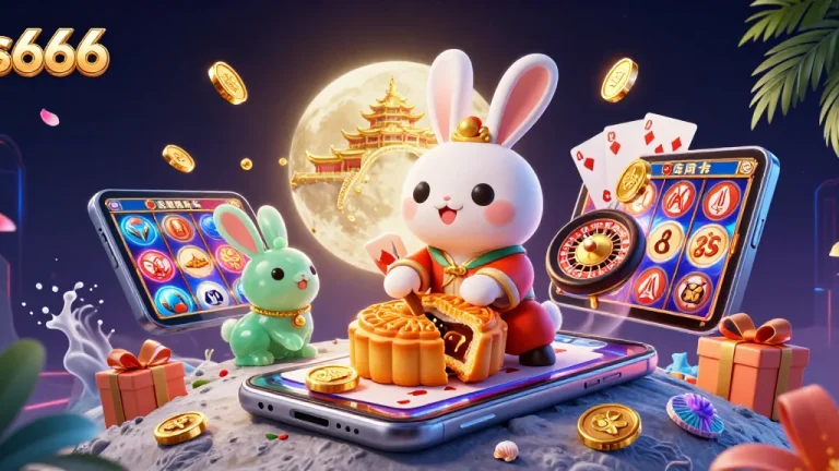 Experience thrill with s666 as the moon rabbit reveals poker chips within mooncakes, surrounded by vibrant casino elements.
