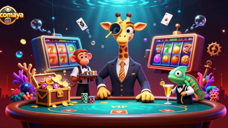 Cocomaya showcases a lively casino atmosphere with a giraffe in a suit at the poker table, vibrant slot reels, and cheers from players.