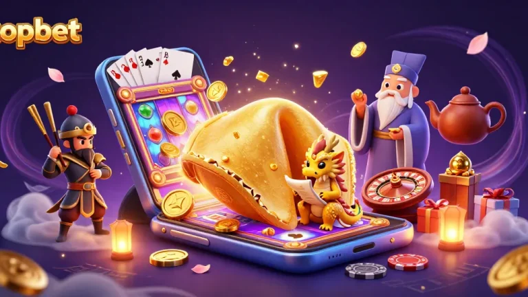 topbet enhances gaming excitement with a vibrant illustration of golden fortune cookie characters amidst dynamic casino elements.