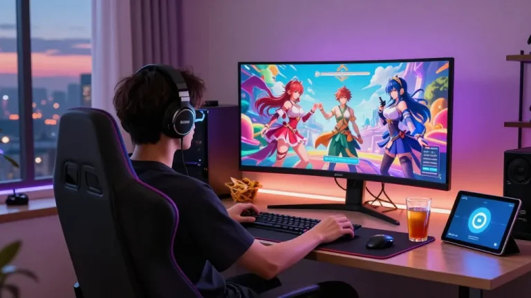 Player enjoying an immersive hentai game in a cozy gaming setup with colorful graphics.