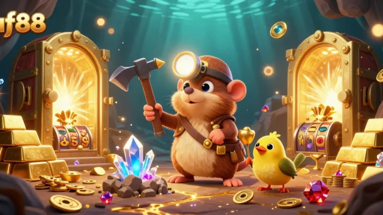 Play thrilling games at af88 with a treasure hunter mole and gems in a vibrant casino setting.