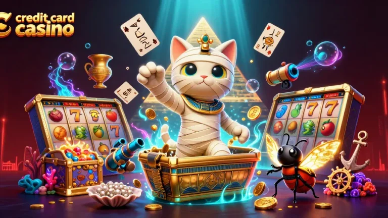Experience the excitement of a credit card casino with a mummy cat in a vibrant gaming scene.
