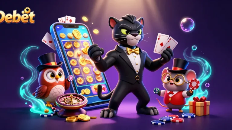 Debet showcases a stylish black panther dealing cards in a vibrant casino scene filled with excitement.