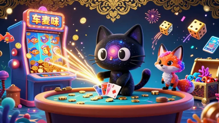 Experience the thrill of bắn cá đổi thưởng with a cosmic black hole cat and vibrant underwater elements at a casino table.