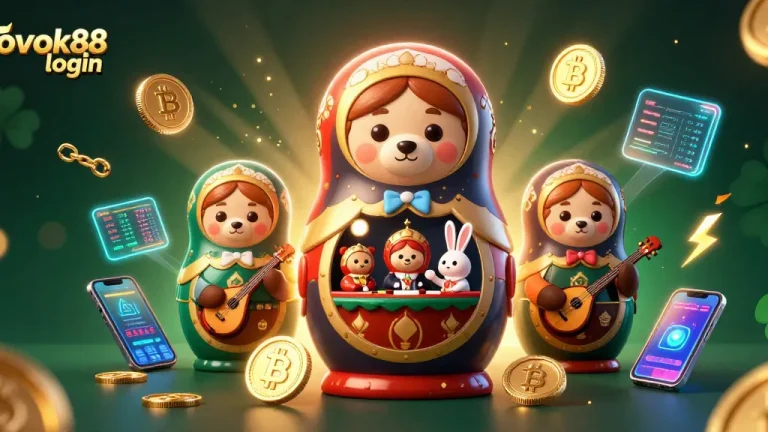Engage with the vibrant 3D scene showcasing rokok88 login amidst glowing crypto elements and casino characters.