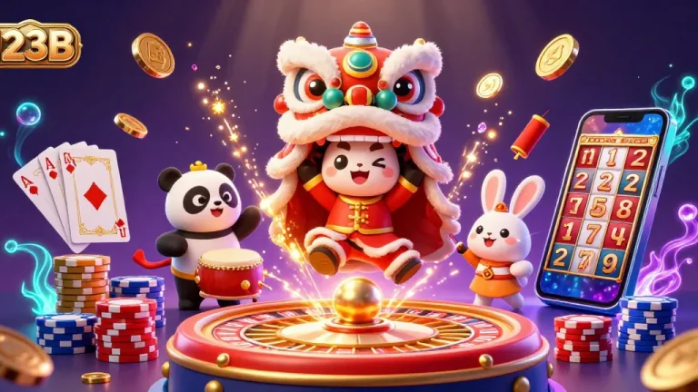 Engage with 123B through a dazzling 3D illustration showcasing vibrant casino action and festive characters.
