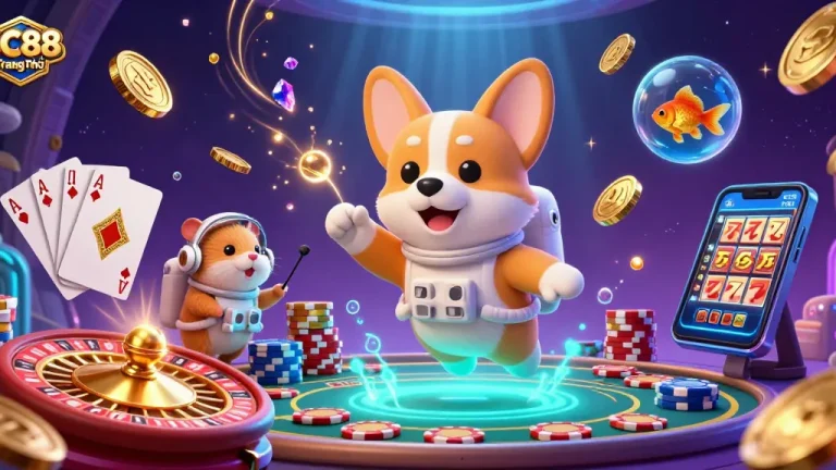 Engage with SC88 Trang Chủ in a vibrant casino scene featuring a 3D astronaut corgi amidst glowing coins and lively gameplay.