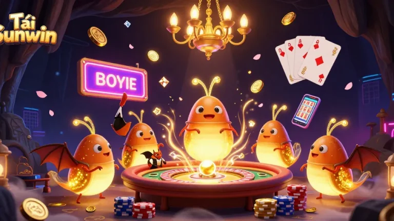 Tải Sunwin to ignite your gaming journey in this energetic casino scene featuring vibrant glowworms and dazzling games.